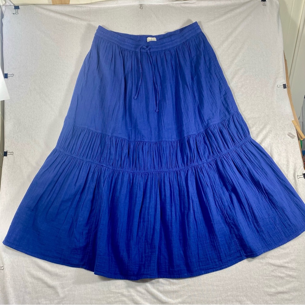 Wonderly Women's L Blue 100% Cotton Tiered Maxi Skirt Drawstring Elastic Waist